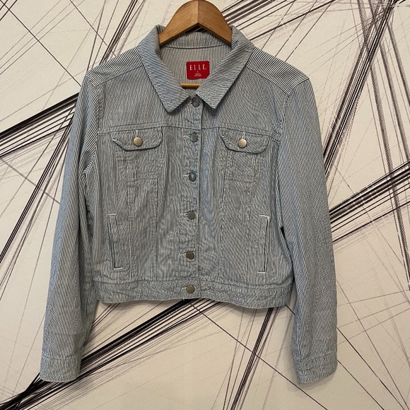 Elle Striped Cropped Denim Jacket Blue & White Women's S - Picture 1 of 12
